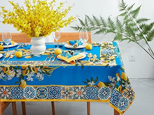 Provence Mavi Limon Akdeniz Çini Masa Örtüsü-İlkbahar Yaz Süslemeleri, Piknikler ve Partiler için Kırışıksız Masa