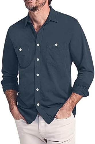 DSODAN Erkek Sonbahar Gömlek Düğmesi Aşağı Uzun Kollu Turn-aşağı Yaka Rahat Iş Resmi T Shirt Çift Cepler