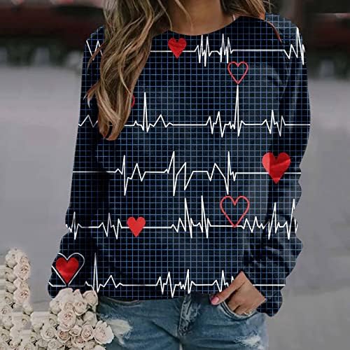 Kadınlar için sevgililer Gömlek, Crewneck Tops Uzun Kollu Tişörtü Aşk Kalp Grafik Kazak Çift Gömlek Tops
