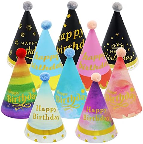 Gökkuşağı parti şapkaları Pom ile 10 Adet Renkli Mutlu Doğum Günü Kutlama kraft el işi kağıdı Koni Şapka Kapaklar