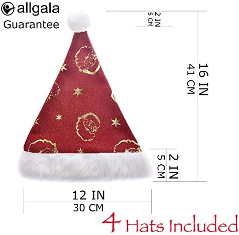 Allgala 4-PK Premium Kalite Kadife Konfor Yetişkin Noel Santa Şapka ile Ekstra Peluş Manşet ve Pom-Pom