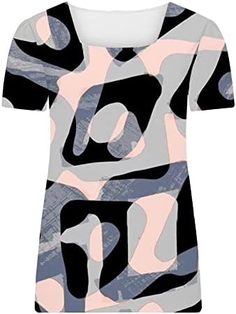 Kadın gömleği Kısa Kollu Pamuklu Crewneck Kare Boyun Geometri Soyut Grafik Gevşek Fit Seksi Üst Tee Genç Kız