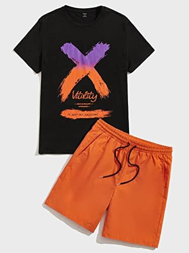FİOXA İki Parçalı Kıyafetler Erkekler için Fırça ve Slogan Grafik Tee ve İpli Bel Şort (Renk: Çok Renkli, Boyut: